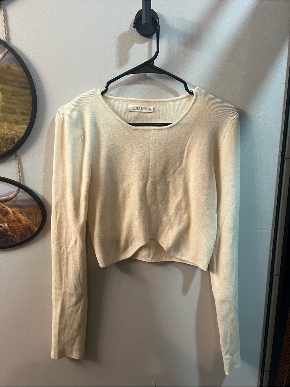 12th Tribe Cream Long-Sleeve Cropped Scoop Neck Top